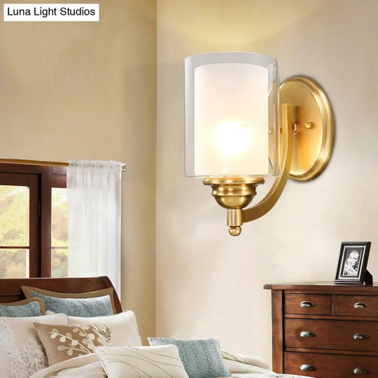 Modern Style Double Glass Indoor Wall Sconce Lighting - Cylindrical Brass Finish Lamp For Bedroom