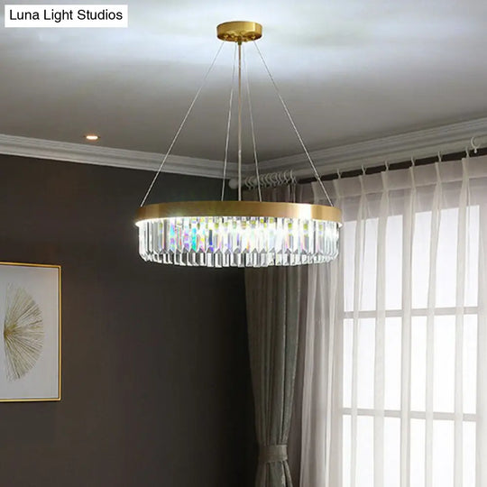 Modern Single Gold Chandelier Light - Circular Crystal Prism Suspension For Living Room