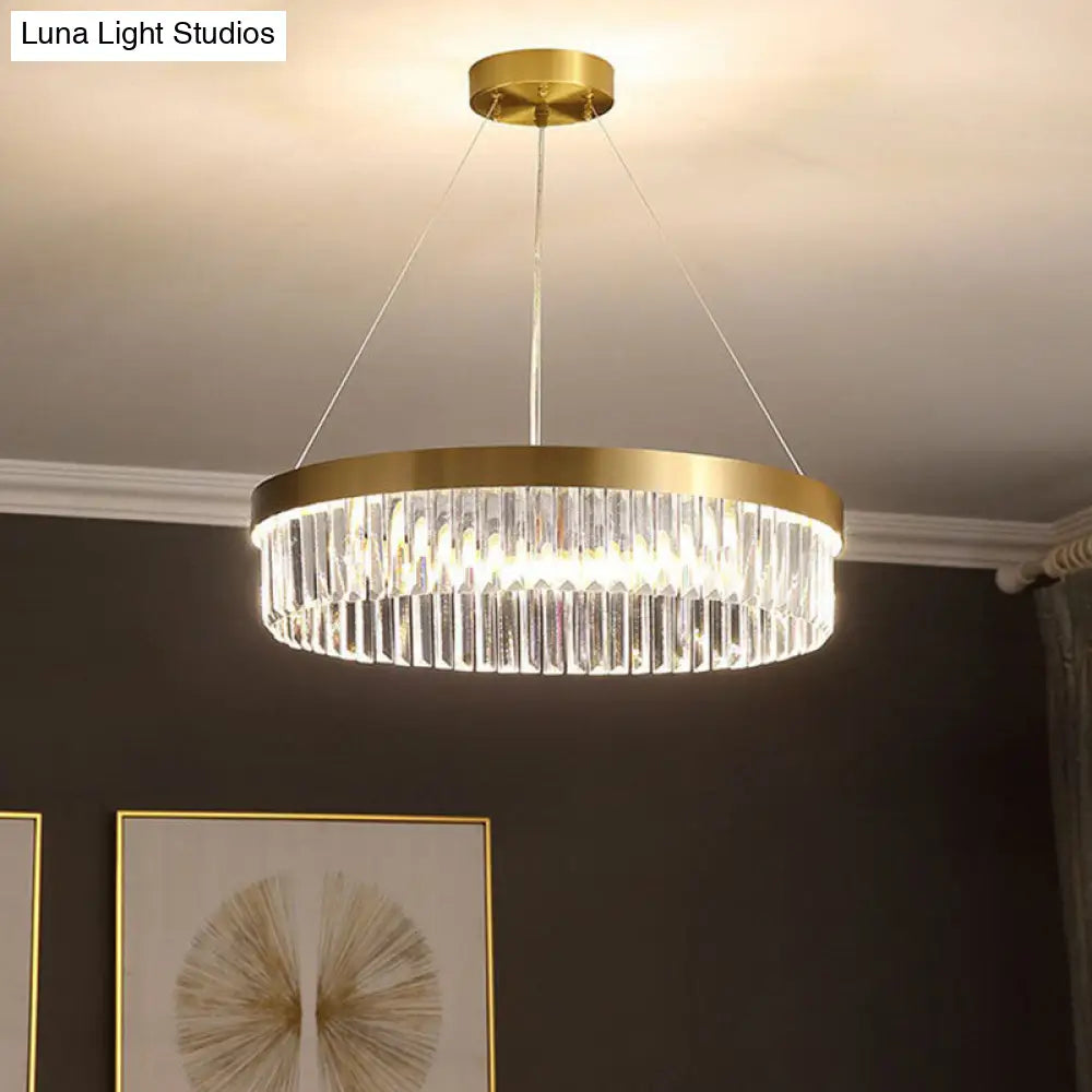 Modern Single Gold Chandelier Light - Circular Crystal Prism Suspension For Living Room