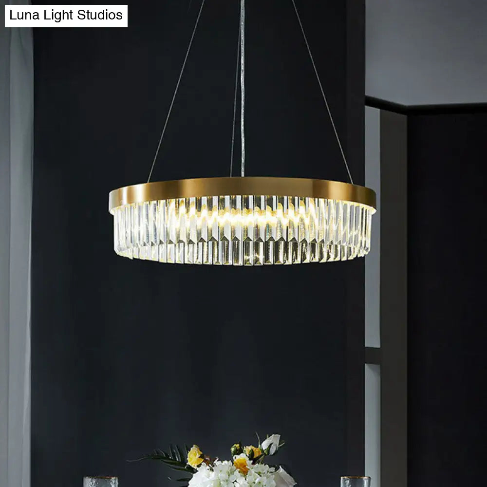 Modern Single Gold Chandelier Light - Circular Crystal Prism Suspension For Living Room