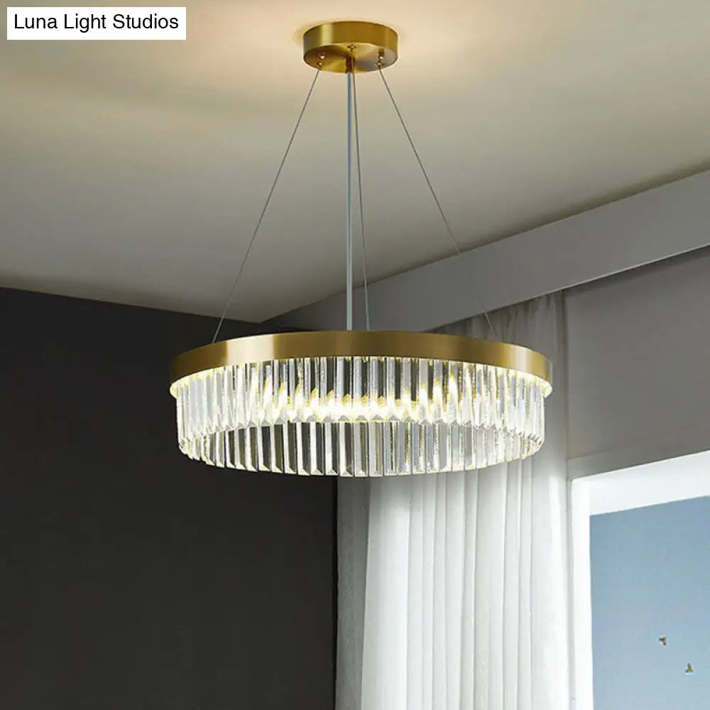 Modern Single Gold Chandelier Light - Circular Crystal Prism Suspension For Living Room