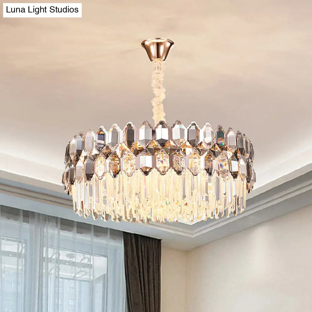 Modern Round Crystal Chandelier With 12 Gold Lights & Clear Prisms