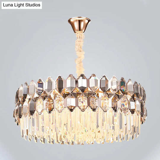 Modern Style Gold Chandelier: Round Ceiling Pendant With Clear Crystal Prisms 12 Lights