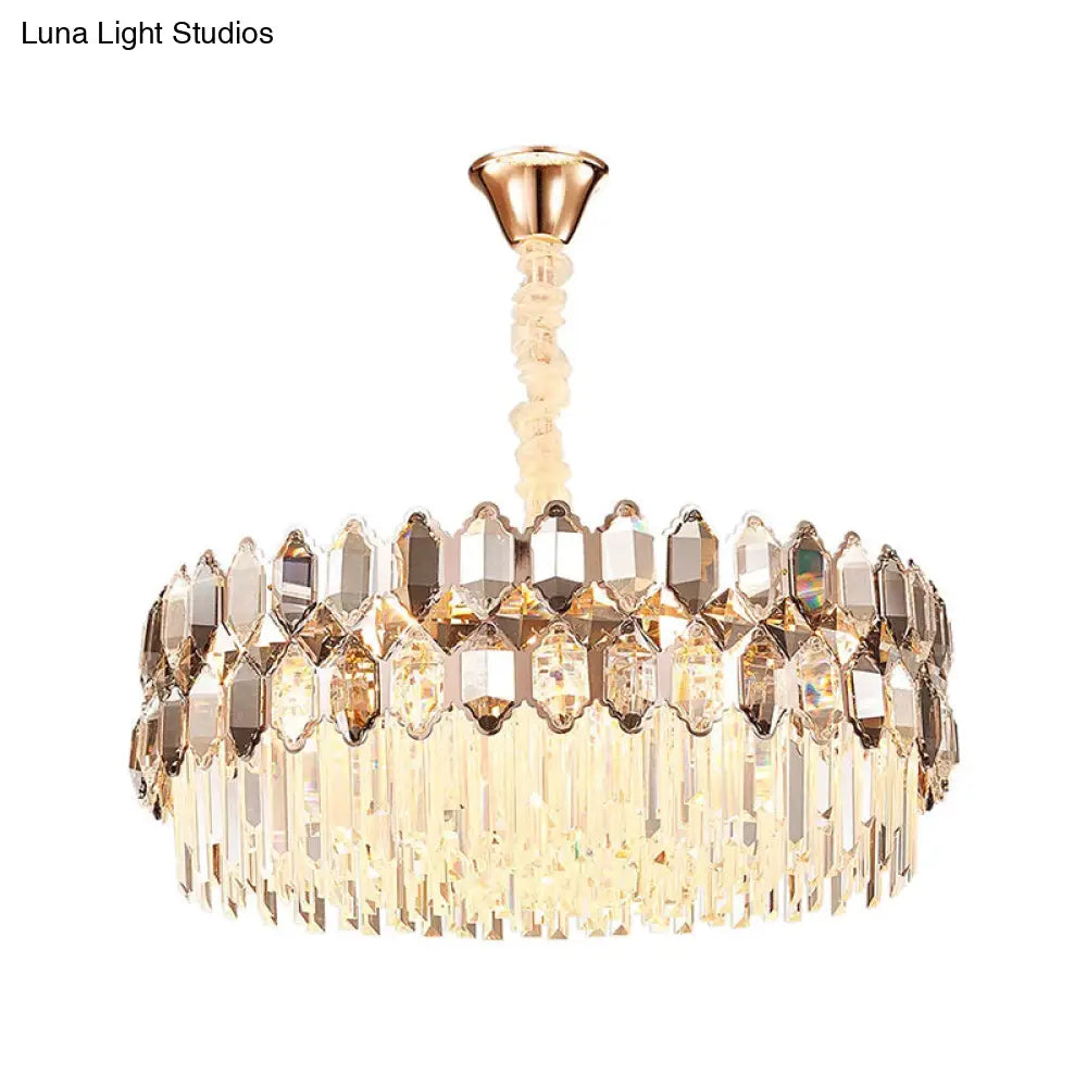 Modern Round Crystal Chandelier With 12 Gold Lights & Clear Prisms