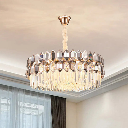 Modern Style Gold Chandelier: Round Ceiling Pendant With Clear Crystal Prisms 12 Lights