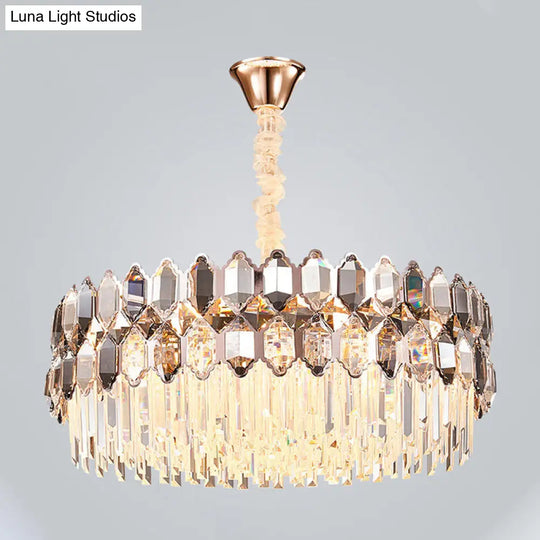 Modern Round Crystal Chandelier With 12 Gold Lights & Clear Prisms