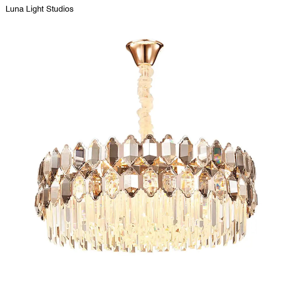 Modern Style Gold Chandelier: Round Ceiling Pendant With Clear Crystal Prisms 12 Lights