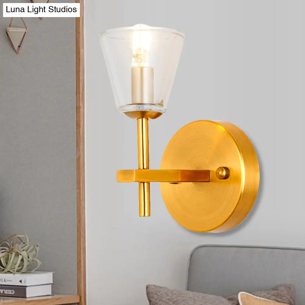 Modern Style Gold Cone Wall Sconce With Clear Glass Perfect For Bedroom