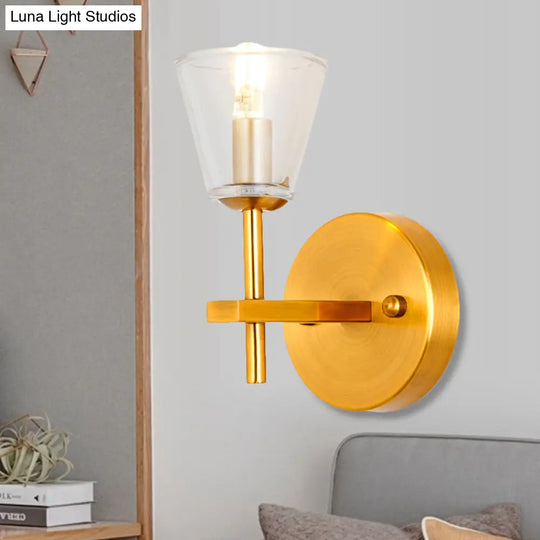 Modern Style Gold Cone Wall Sconce With Clear Glass Perfect For Bedroom