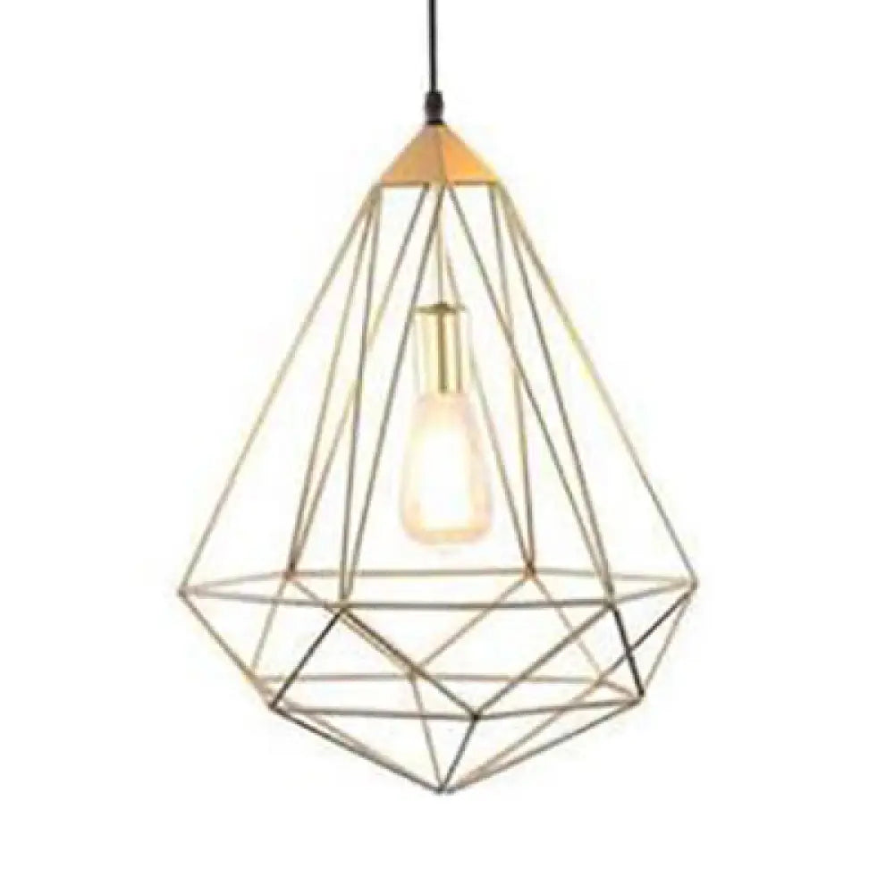 Modern Style Gold Metallic Prism Cage Pendant Light With Adjustable Cord - 1-Light Suspension Lamp