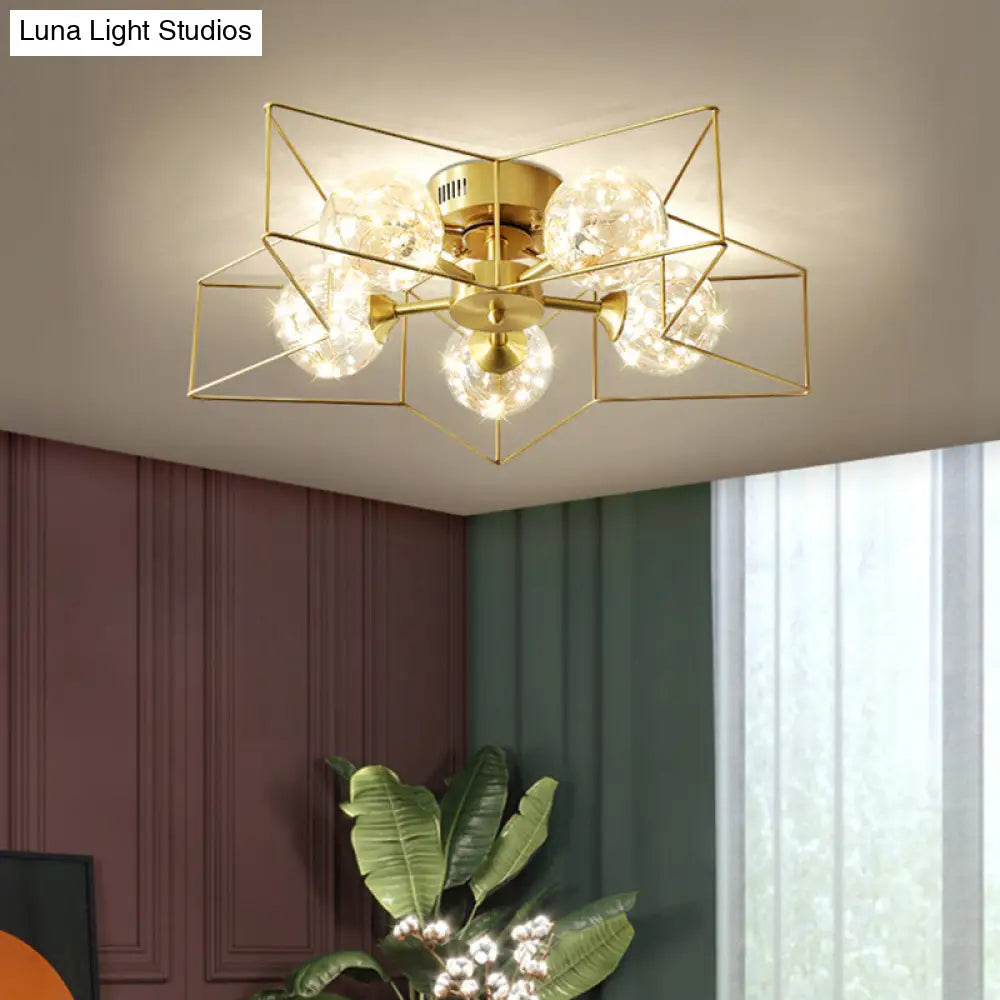 Modern Style Led Flush Ceiling Light With Clear Glass Sphere And Star Metal Frame