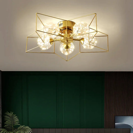 Modern Style Led Flush Ceiling Light With Clear Glass Sphere And Star Metal Frame Brass / Natural