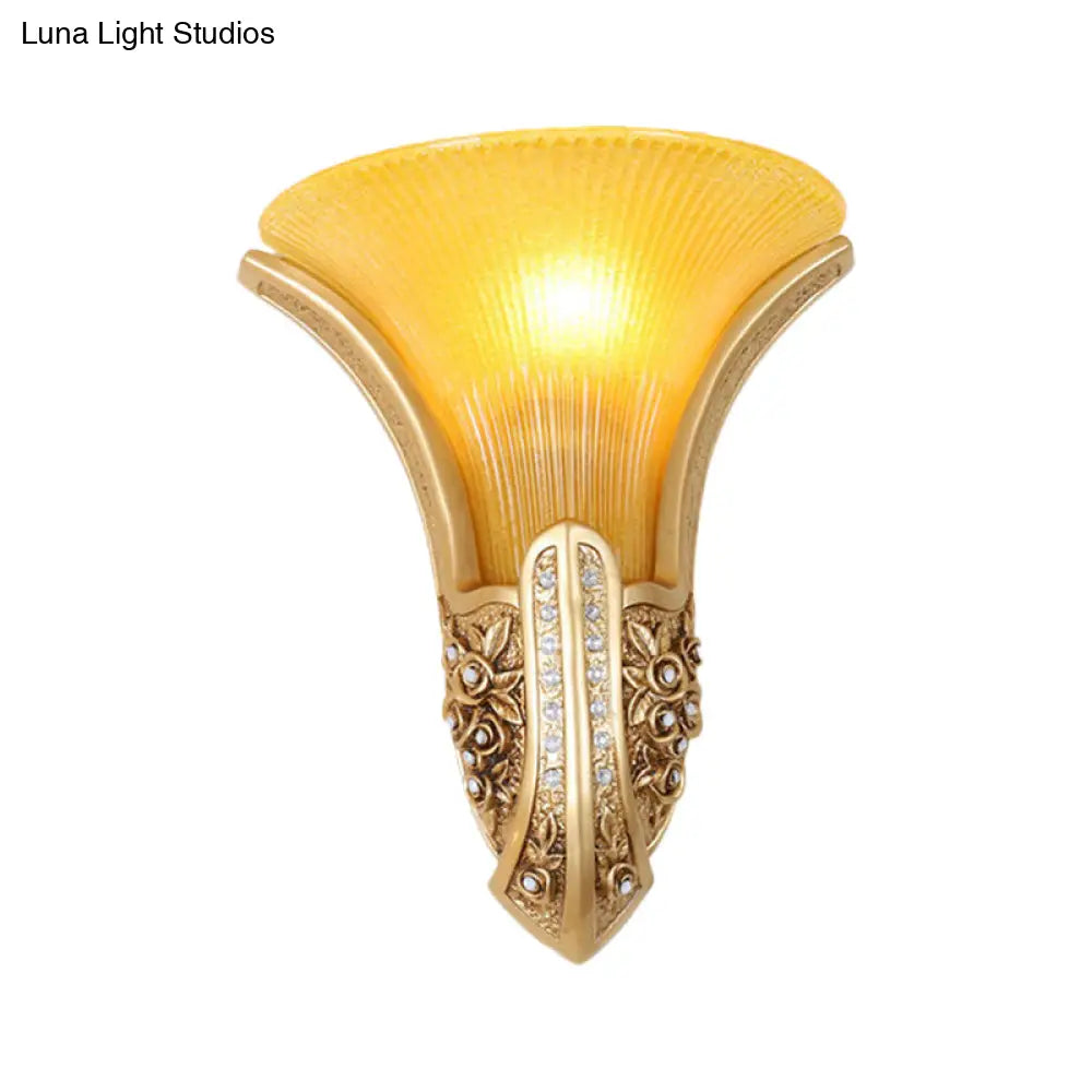 Modern Style Yellow Glass Floral Sconce Wall Mount Light In Gold 1 Head Corridor Lighting Fixture