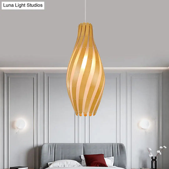 Modern Stylish Beige Twisty Vase Pendant Light With Wood Shade - 1-Light Hanging 6.5/10 Width