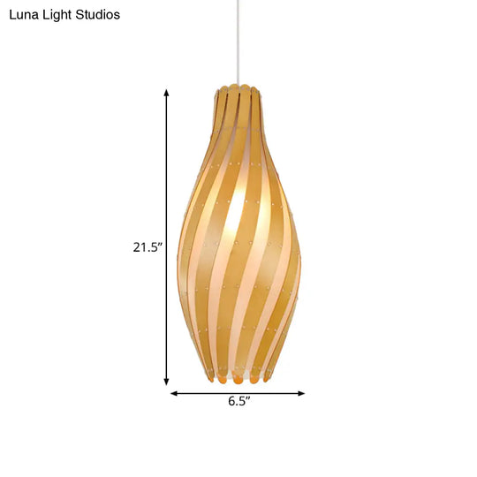 Modern Stylish Beige Twisty Vase Pendant Light With Wood Shade - 1-Light Hanging 6.5/10 Width