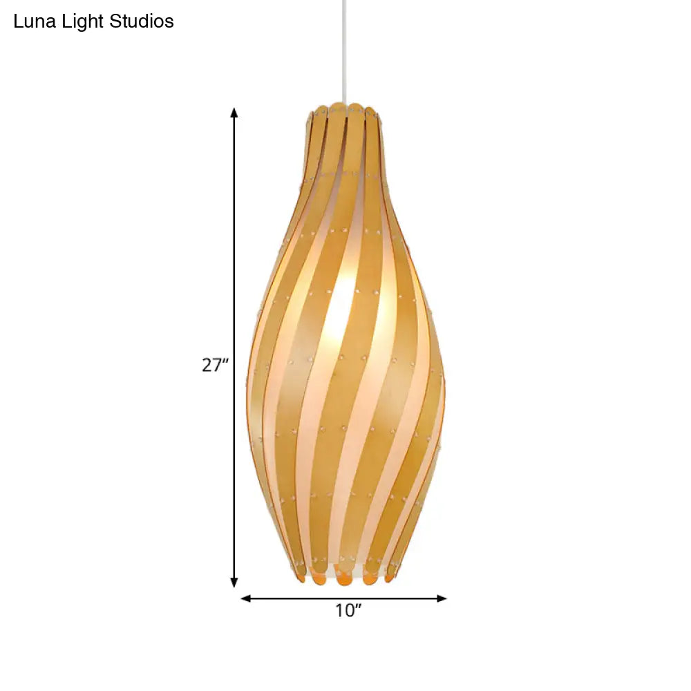 Modern Stylish Beige Twisty Vase Pendant Light With Wood Shade - 1-Light Hanging 6.5/10 Width