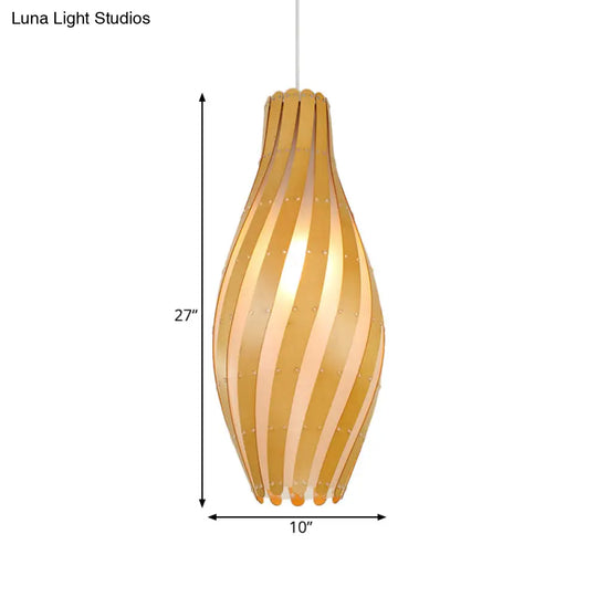 Modern Stylish Beige Twisty Vase Pendant Light With Wood Shade - 1-Light Hanging 6.5/10 Width