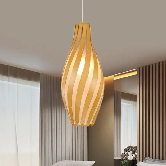 Modern Stylish Beige Twisty Vase Pendant Light With Wood Shade - 1-Light Hanging 6.5/10 Width / 6.5