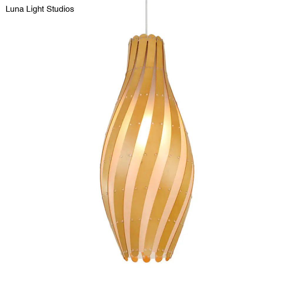 Modern Stylish Beige Twisty Vase Pendant Light With Wood Shade - 1-Light Hanging 6.5/10 Width