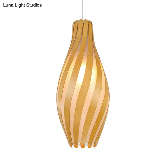 Modern Stylish Beige Twisty Vase Pendant Light With Wood Shade - 1-Light Hanging 6.5/10 Width