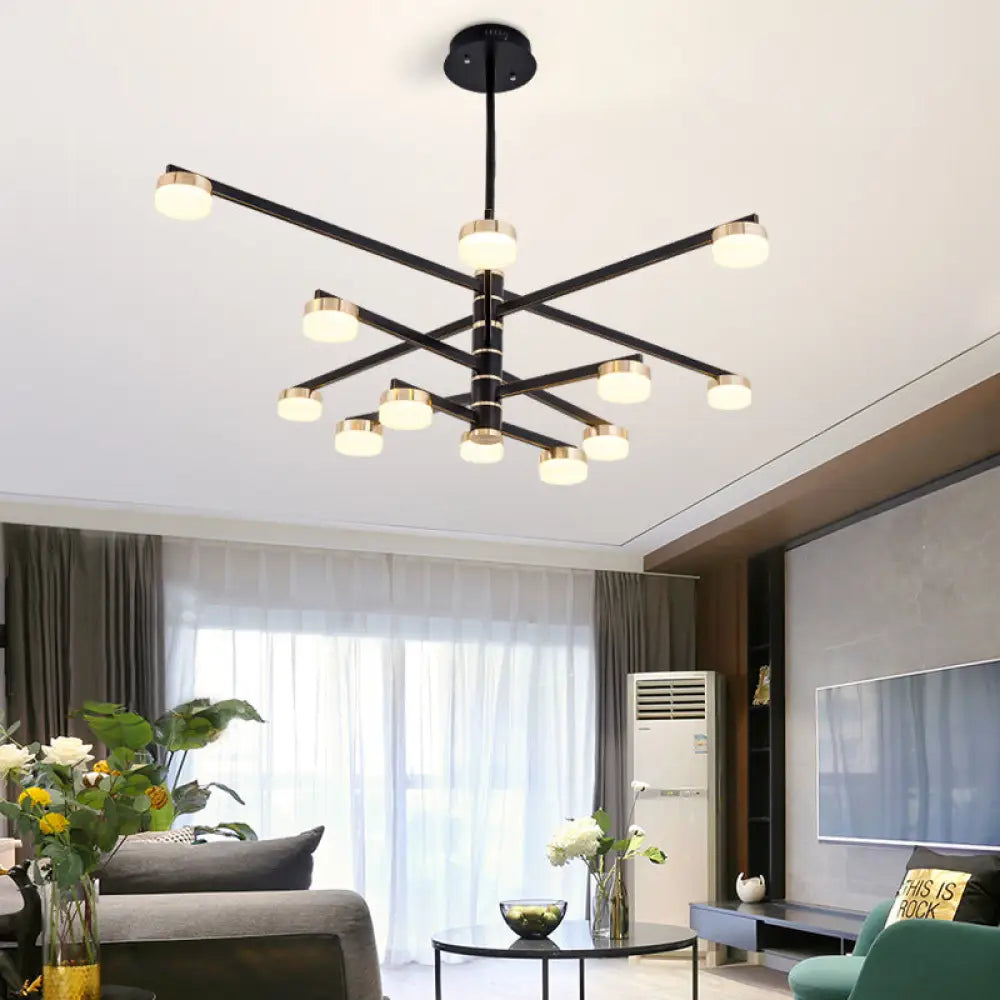 Modern Stylish Black Ceiling Chandelier - 12-Head Living Room Lamp With Metallic Sputnik Shade