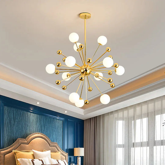 Modern Stylish Burst Ball Chandelier – Frosted White Glass Ceiling Hang Lamp (Gold Living Room