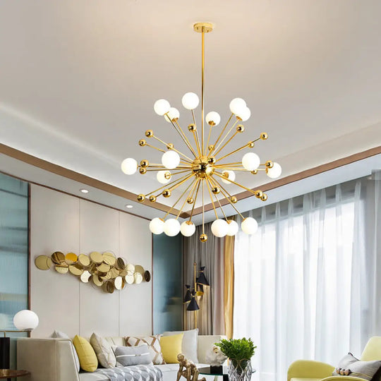 Modern Stylish Burst Ball Chandelier – Frosted White Glass Ceiling Hang Lamp (Gold Living Room