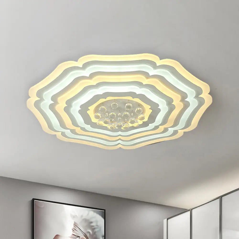 Modern Super Thin Flower Led Ceiling Light With Crystal Drop White