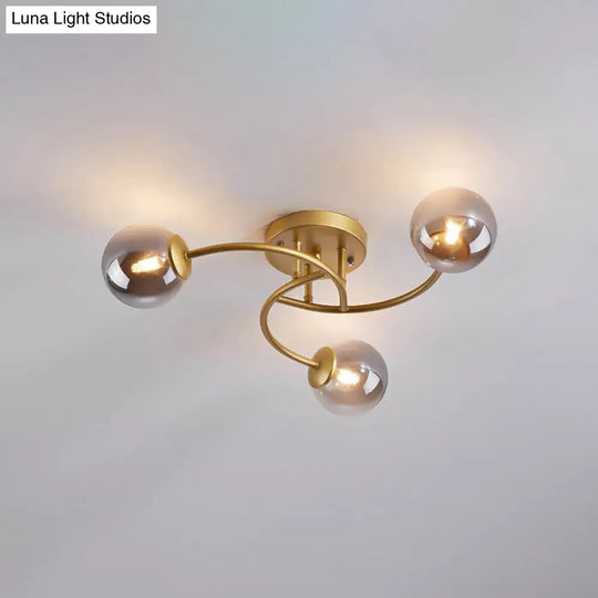 Modern Swirled Metal Semi Flush Ceiling Light With Glass Ball Shade 3 / Gold Smoke Grey