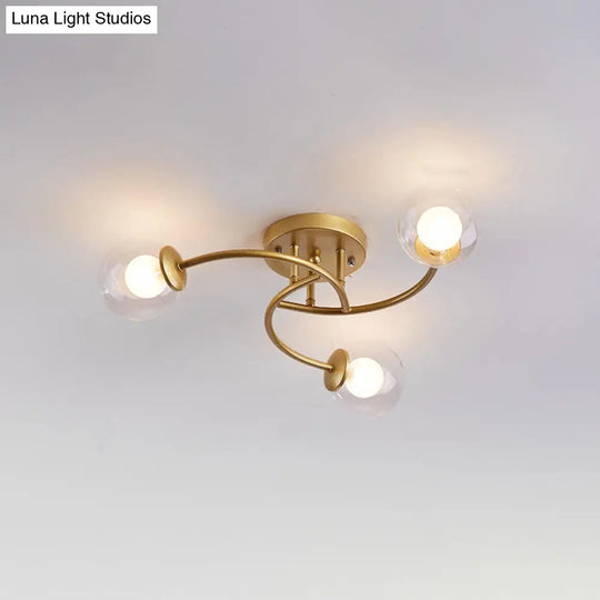 Modern Swirled Metal Semi Flush Ceiling Light With Glass Ball Shade 3 / Gold Clear