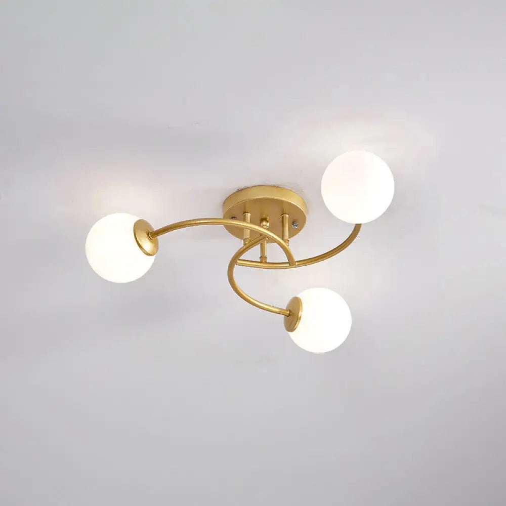 Modern Swirled Metal Semi Flush Ceiling Light With Glass Ball Shade 3 / Gold Milk White