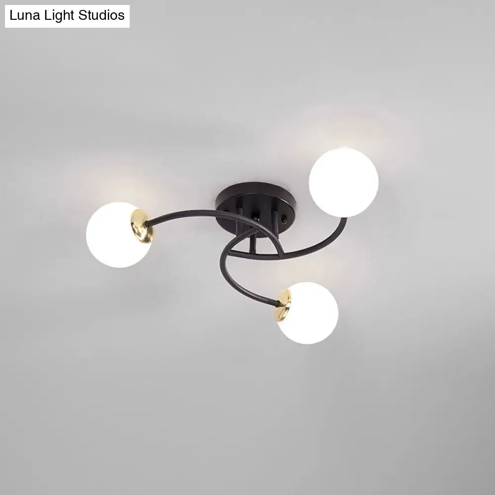 Modern Swirled Metal Semi Flush Ceiling Light With Glass Ball Shade 3 / Black Milk White