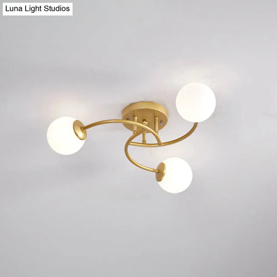 Modern Swirled Metal Semi Flush Ceiling Light With Glass Ball Shade 3 / Gold Milk White
