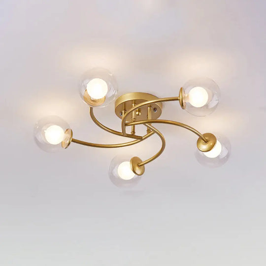 Modern Swirled Metal Semi Flush Ceiling Light With Glass Ball Shade 5 / Gold Clear