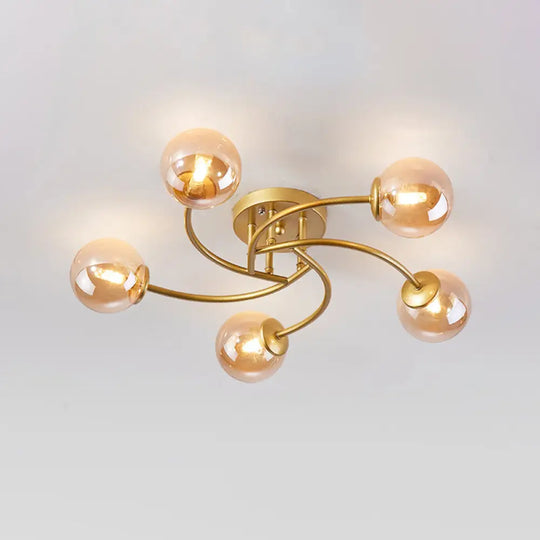 Modern Swirled Metal Semi Flush Ceiling Light With Glass Ball Shade 5 / Gold Cognac