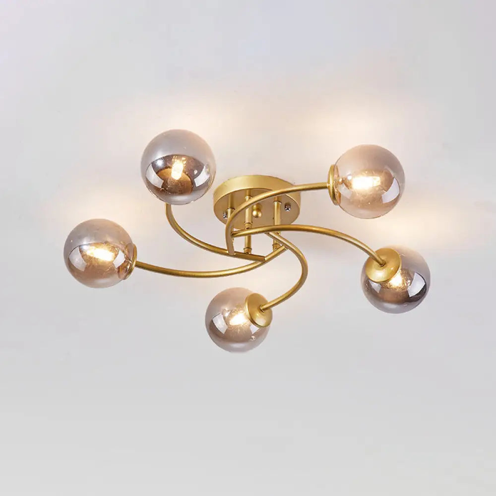 Modern Swirled Metal Semi Flush Ceiling Light With Glass Ball Shade 5 / Gold Smoke Grey