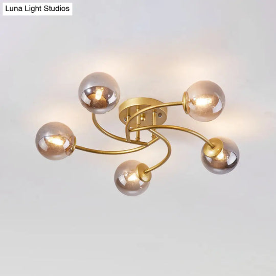 Modern Swirled Metal Semi Flush Ceiling Light With Glass Ball Shade 5 / Gold Smoke Grey