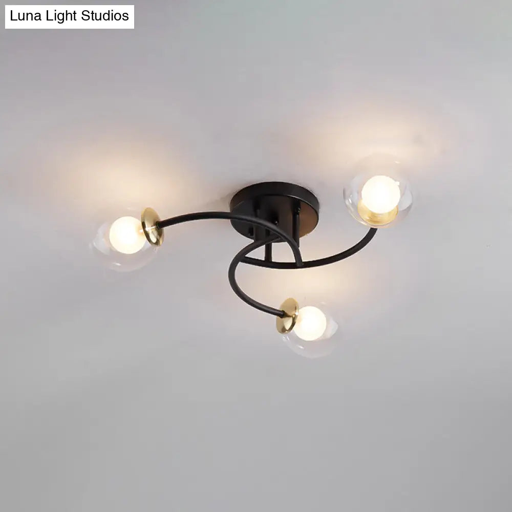 Modern Swirled Metal Semi Flush Ceiling Light With Glass Ball Shade 3 / Black Clear