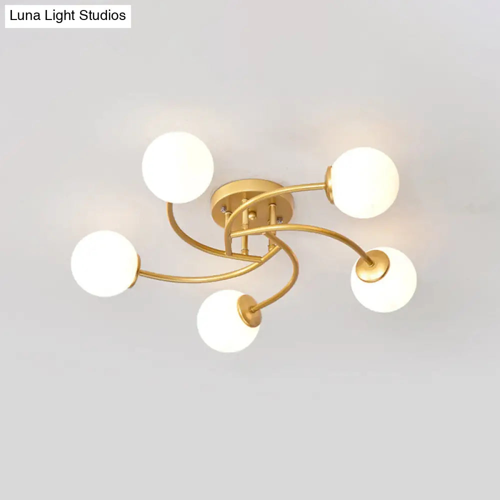 Modern Swirled Metal Semi Flush Ceiling Light With Glass Ball Shade 5 / Gold Milk White