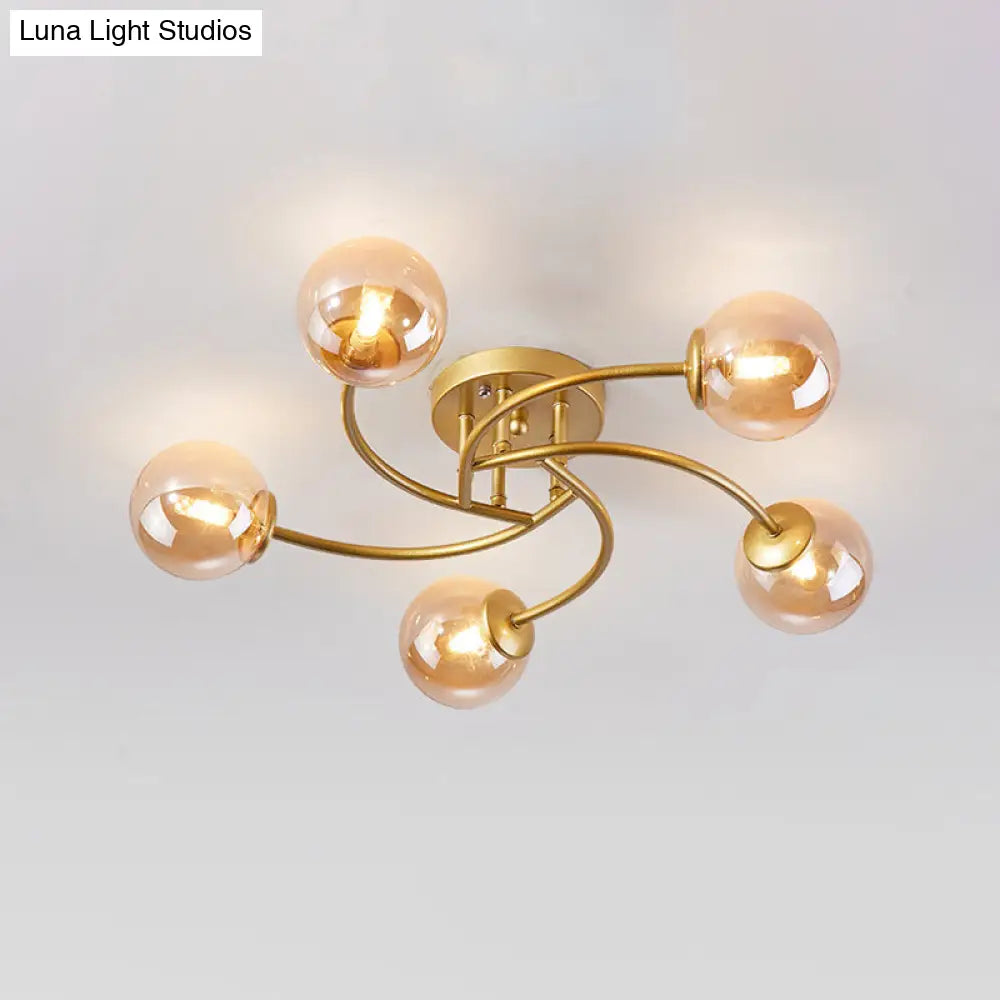 Modern Swirled Metal Semi Flush Ceiling Light With Glass Ball Shade 5 / Gold Cognac