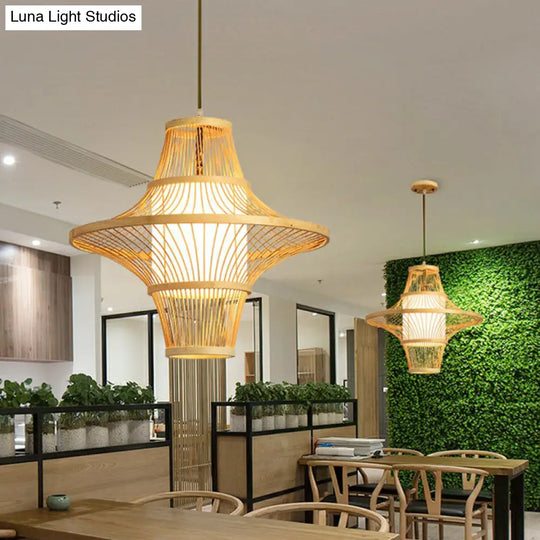 Modern Symmetric Bamboo Pendant Lamp - 1-Light Wood Pendulum For Restaurants