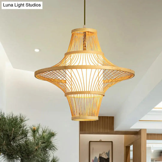 Modern Symmetric Bamboo Pendant Lamp - 1-Light Wood Pendulum For Restaurants