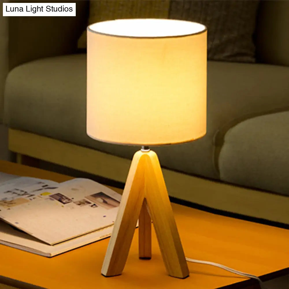 Modern Table Lamp: White Fabric Cylinder Light With Wood Tripod Base