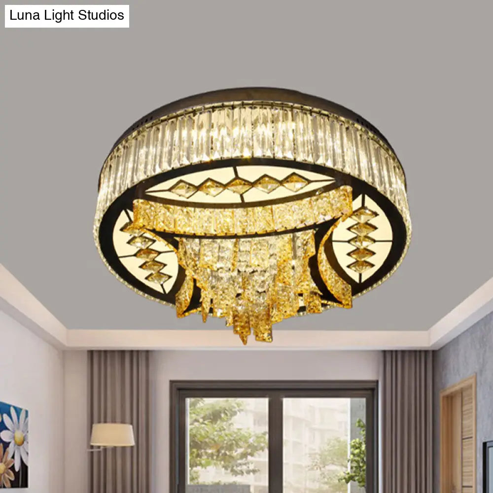 Modern Tan Crystal Drum Flush Mount Light With Led Waveform Frame - Perfect For Living Room Ceiling