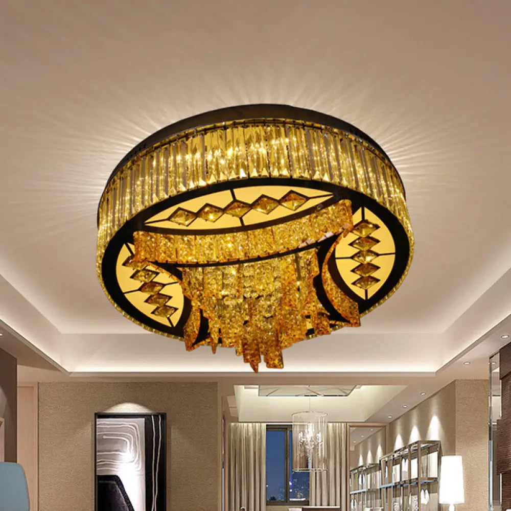 Modern Tan Crystal Drum Flush Mount Light With Led Waveform Frame - Perfect For Living Room Ceiling