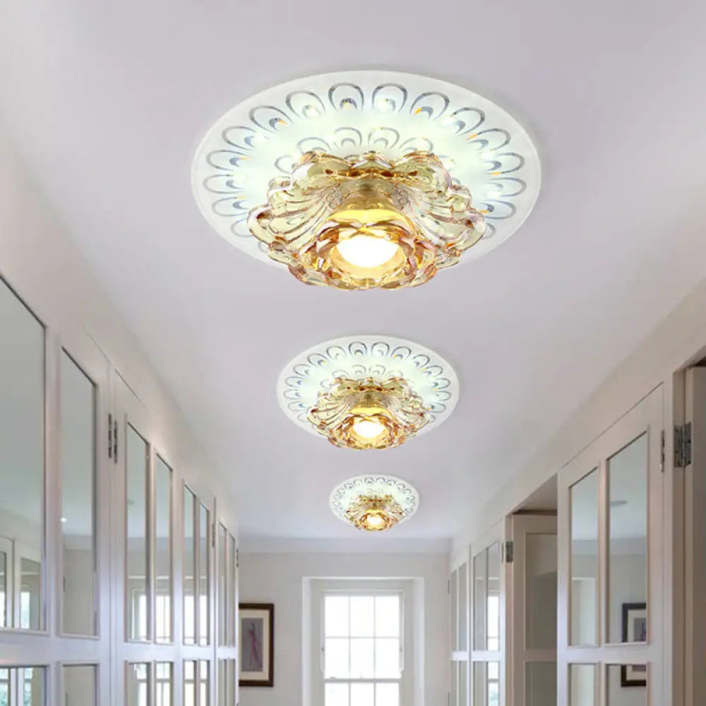 Modern Tan Crystal Flower Led Ceiling Light Fixture - White Flush Mount /