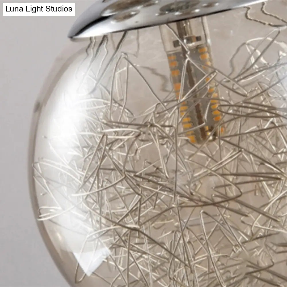 Modern Tan Glass Sphere Shade Suspension Light Pendant With Chrome Multi Bulb Design