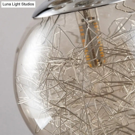 Modern Tan Glass Sphere Shade Suspension Light Pendant With Chrome Multi Bulb Design