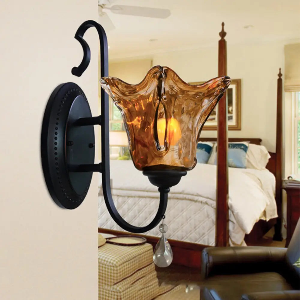 Modern Tan Wall Sconce With Flower Glass Shade - Stylish Single Head Light For Living Room