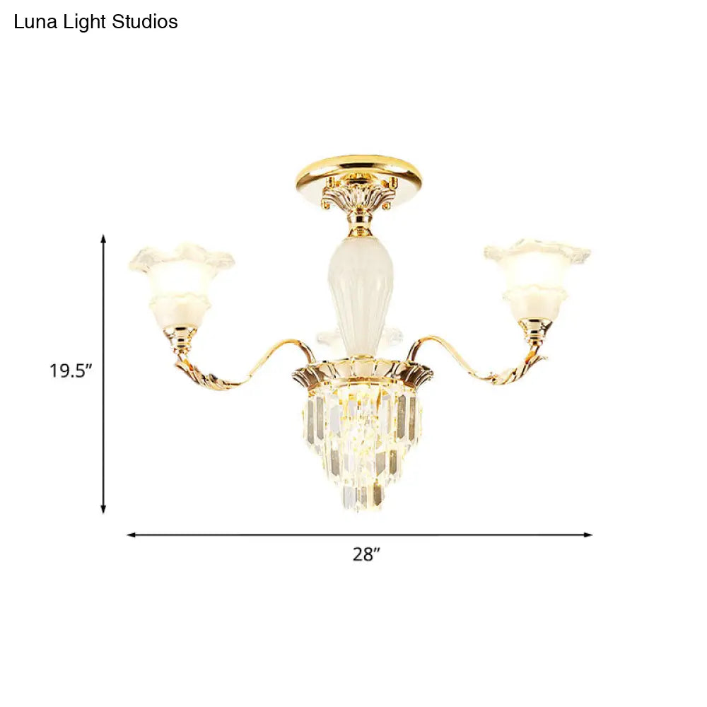 Modern Tapered Crystal Prism Chandelier With Ruffled Bell Frosted Glass Shade In Gold - Available